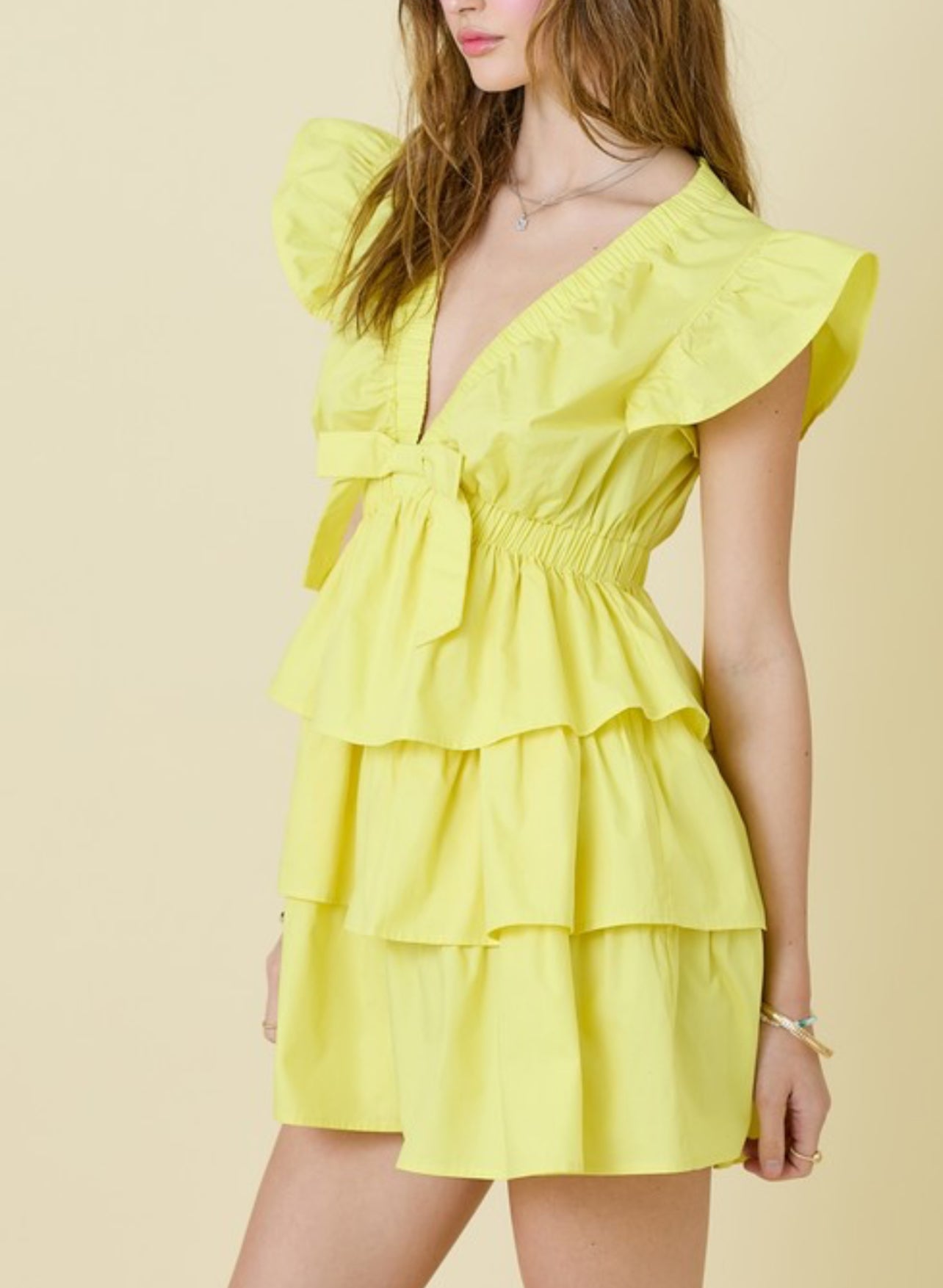 LEMON V NECK RUFFLE TIERED DRESS WITH ELASTIC BAND DETAIL by DAY + MOON