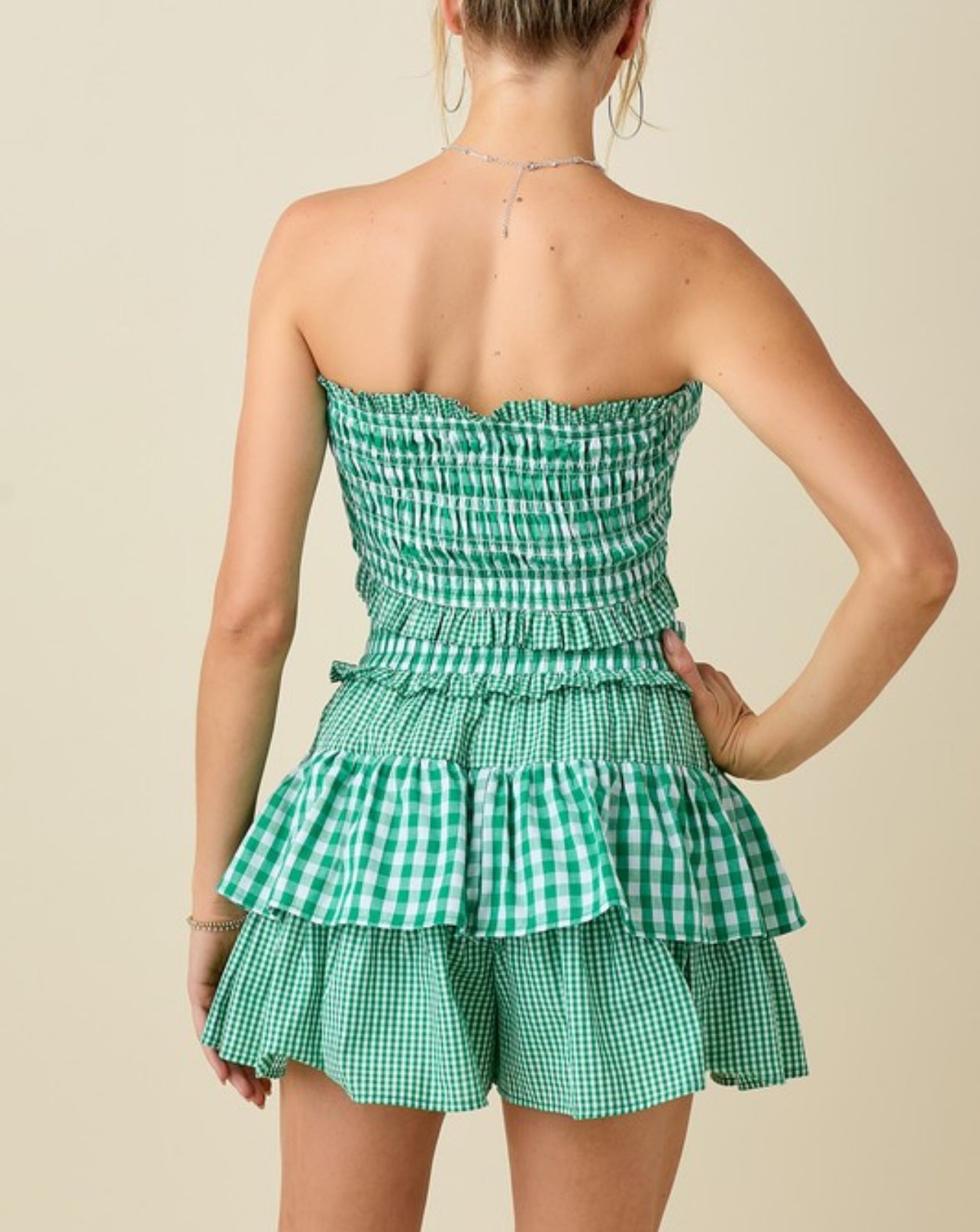 Mixed Gingham Tube Top with Ruffle Short Set with Ribbon by Baby Pink