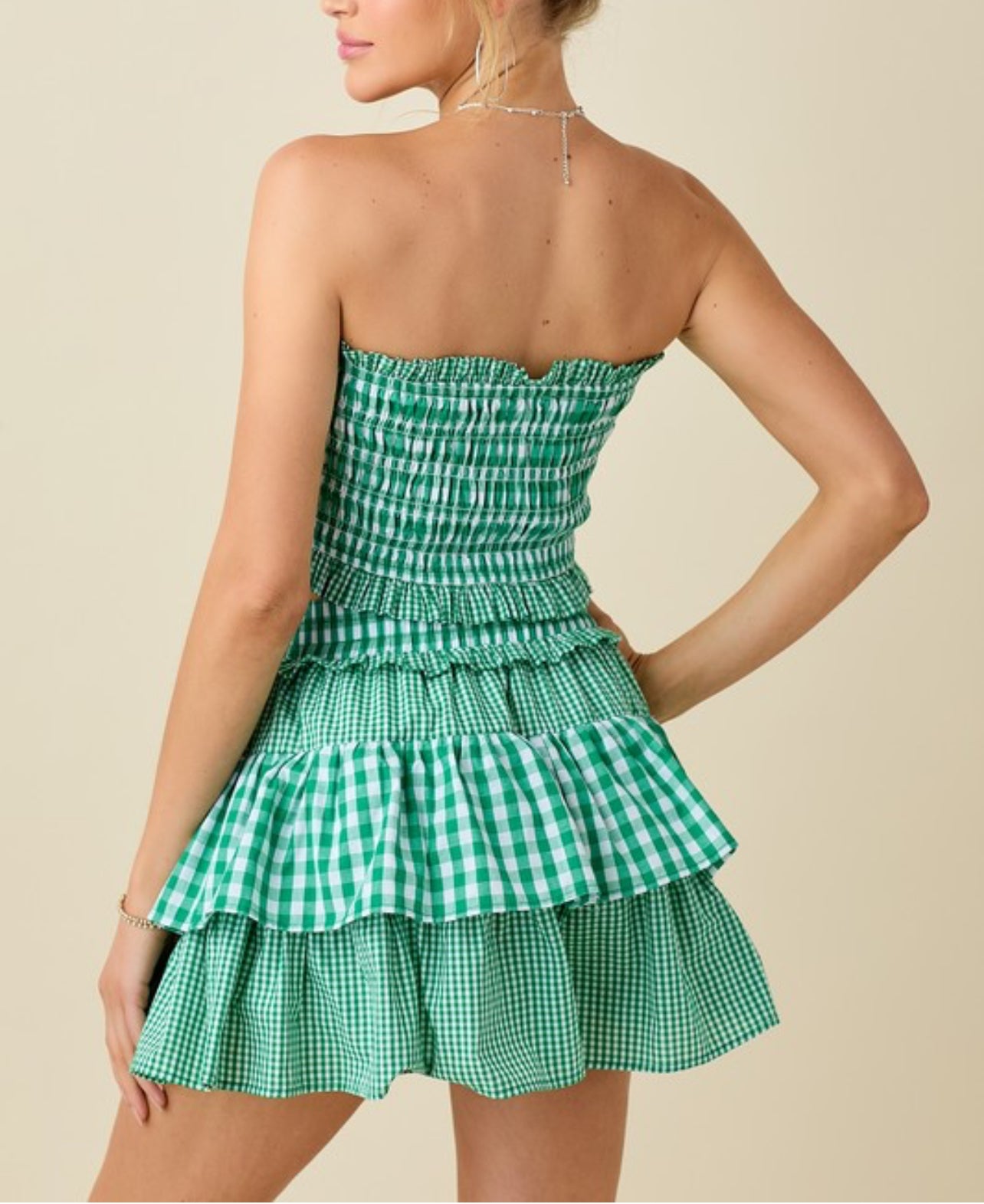 Mixed Gingham Tube Top with Ruffle Short Set with Ribbon by Baby Pink