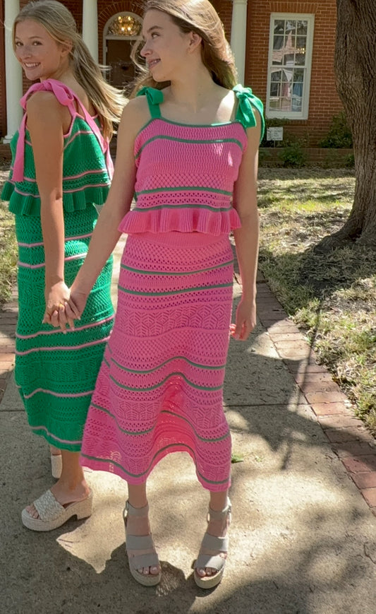 PINK SWEATER MIDI SKIRT WITH CONTRASTING STRIPES by Day +Moon
