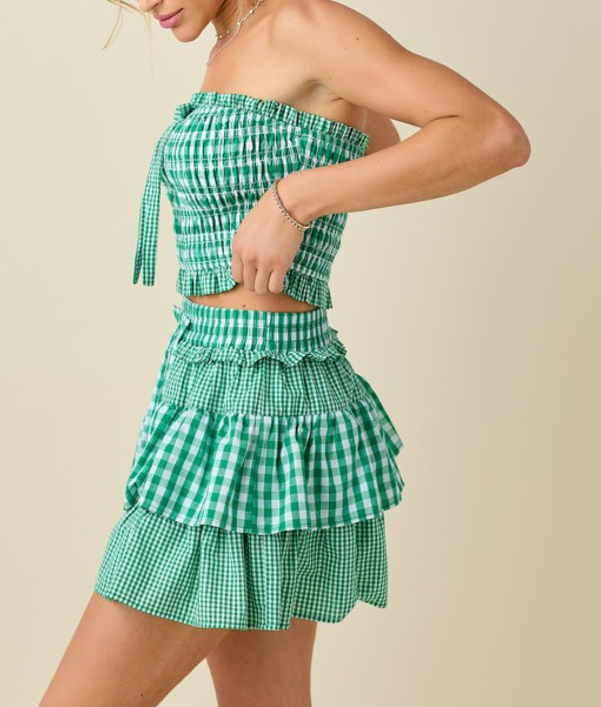 Mixed Gingham Tube Top with Ruffle Short Set with Ribbon by Baby Pink