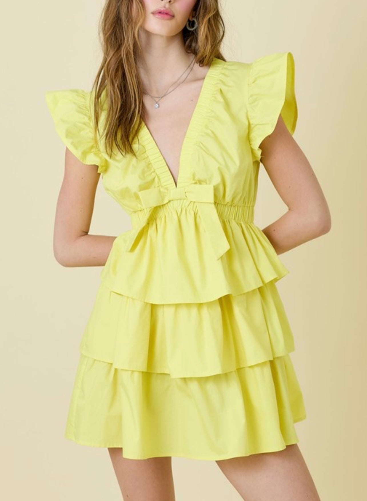 LEMON V NECK RUFFLE TIERED DRESS WITH ELASTIC BAND DETAIL by DAY + MOON