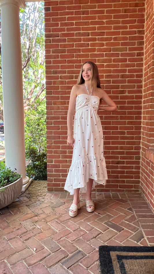 STAR EMBROIDERED HALTER MIDI DRESS WITH RUFFLE HEM by Day +Moon