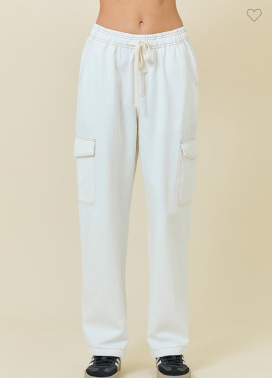 OFF WHITE WASHED DENIM CARGO PANTS WITH POCKET DETAILS by Day+Moon