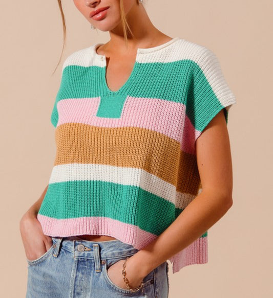 MULTICOLOR STRIPE LOOSE FIT SLEEVELESS SWEATER TOP by So Me