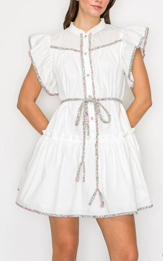 Cotton Mini Dress with Ruffle, Print Binding Detail by Love Wednesday
