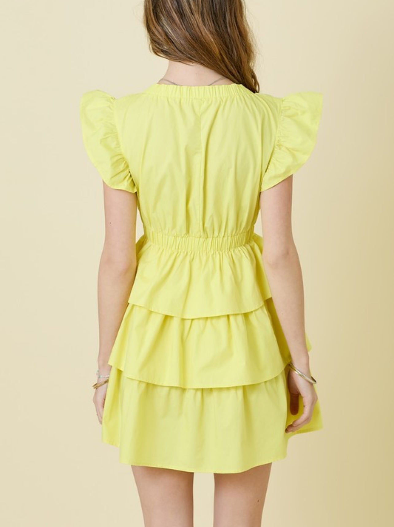 LEMON V NECK RUFFLE TIERED DRESS WITH ELASTIC BAND DETAIL by DAY + MOON