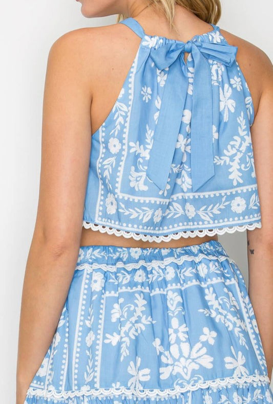 Blue Placement Print Halter Top & Skirt Set by Love Wednesday