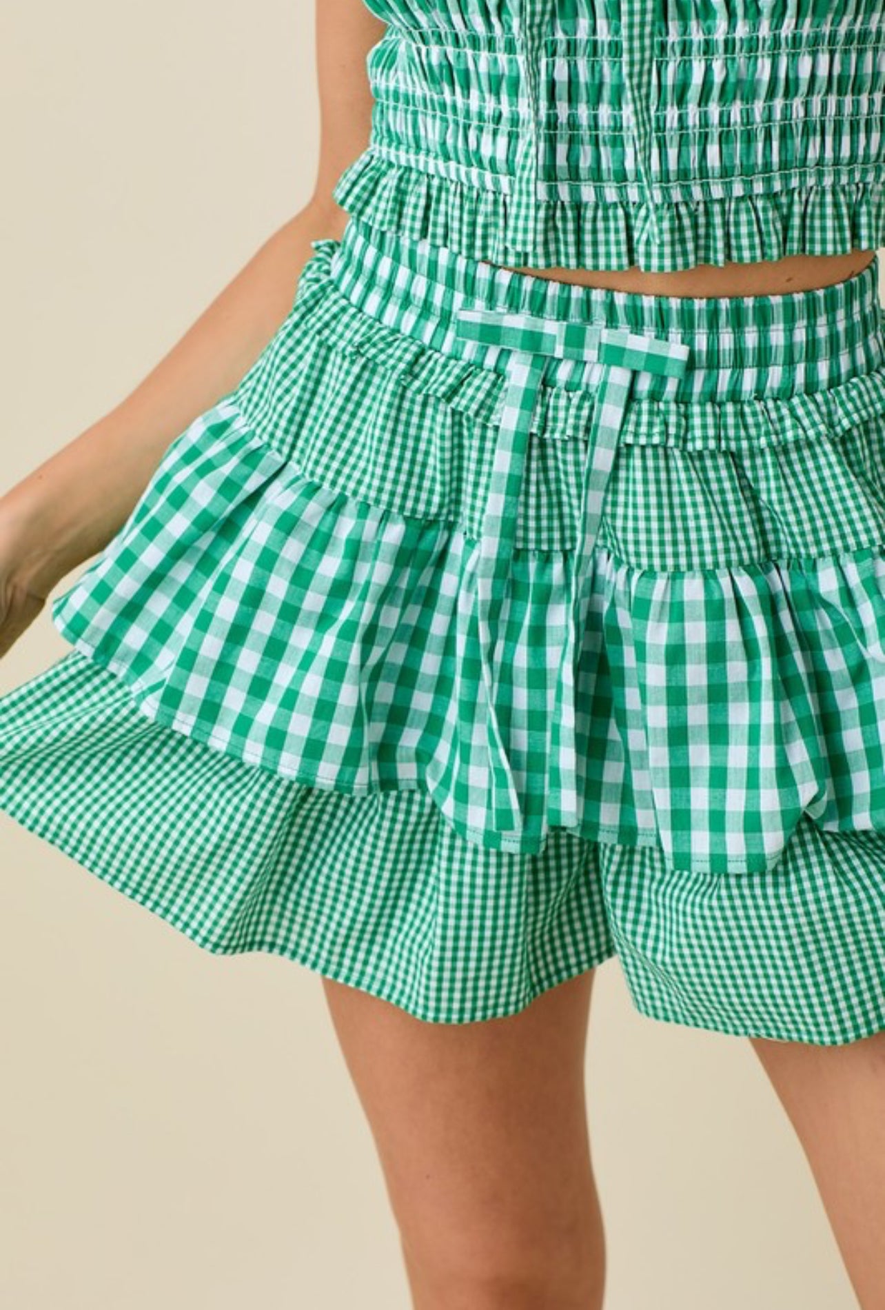 Mixed Gingham Tube Top with Ruffle Short Set with Ribbon by Baby Pink