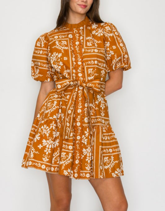 Burnt Orange Bandana Print Cotton Mini Dress