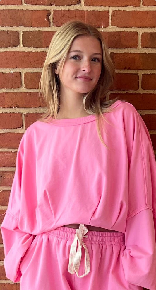 PINK CROPPED BUBBLE HEM SWEATSHIRT by Peach Love
