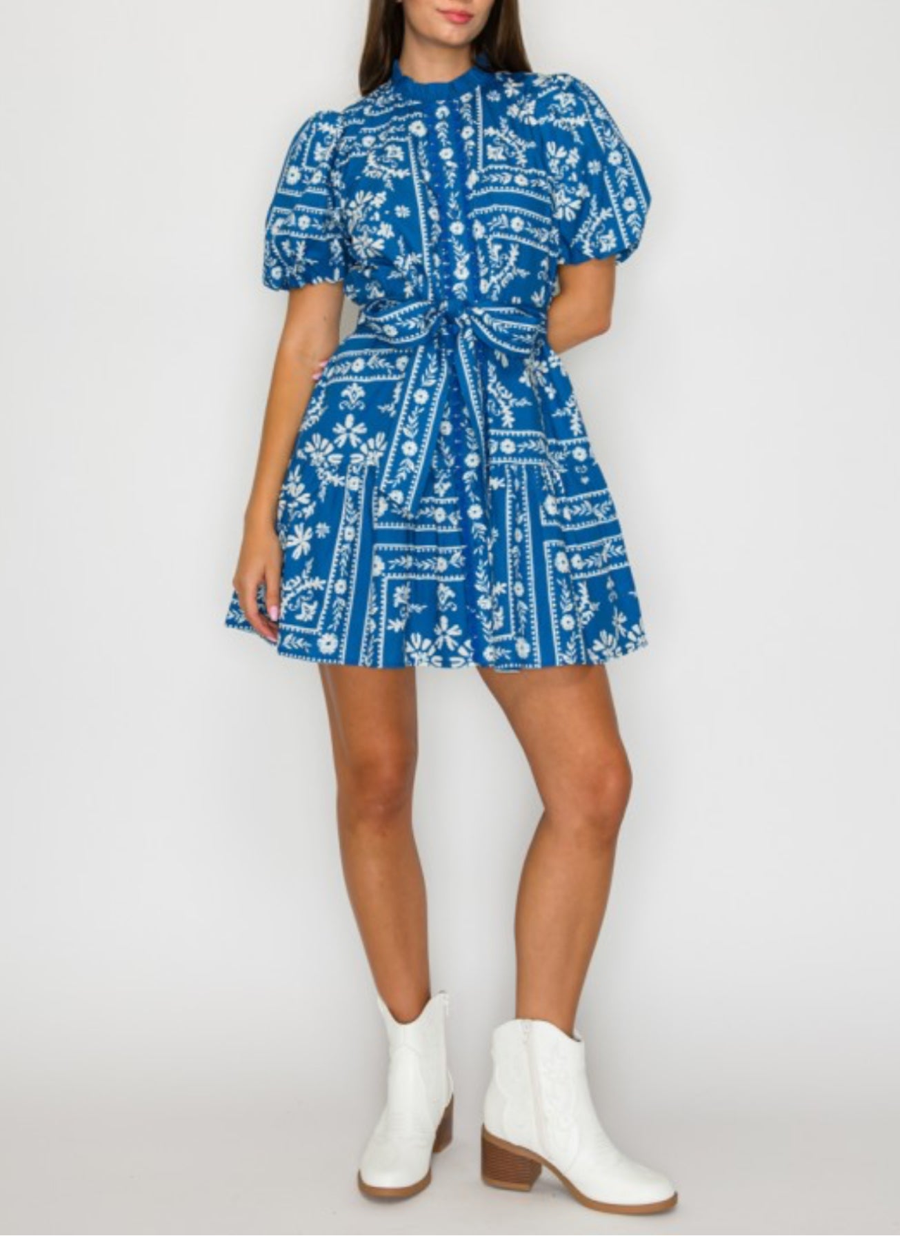 Model wearing denim blue bandana puff sleeve mini dress, styled for SMU game day
