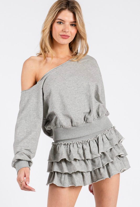 The Vintage Shop - French Terry Overlock Grey Long Sleeve Scoop Neck Sweatshirt