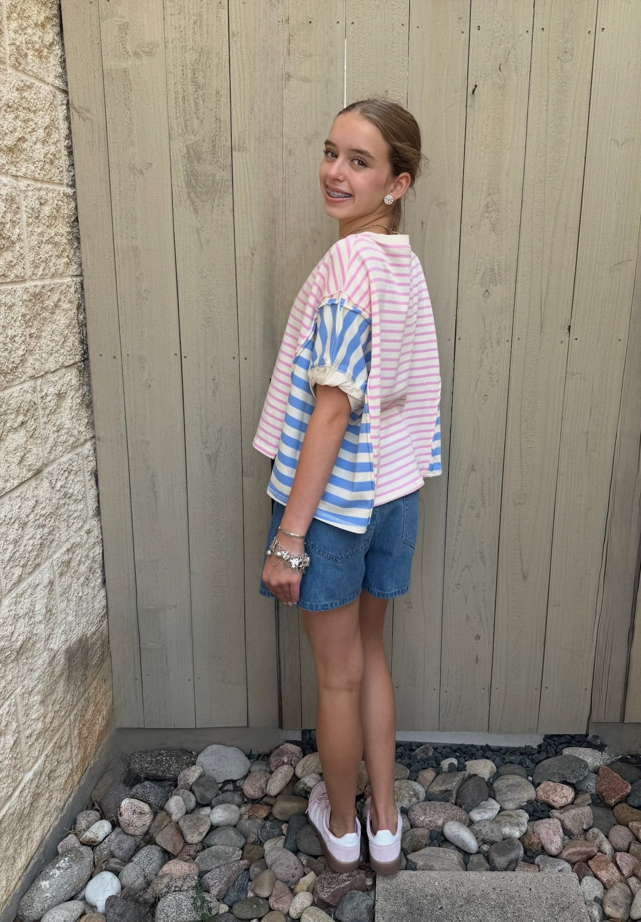 Pink and Light Blue Striped Color Block Thick Tee by Peach Love