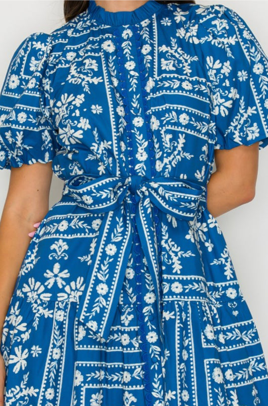 Denim Blue Bandana Print Cotton Puff Sleeve Mini Dress