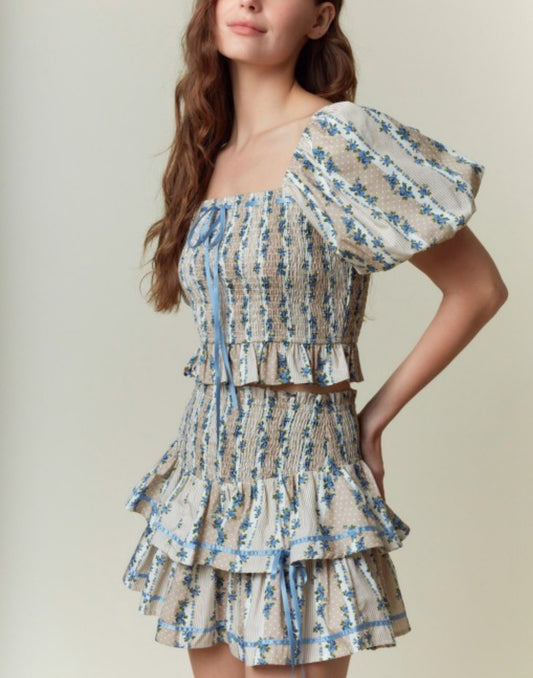 Taupe and Blue Printed Cotton Poplin with Satin Tape Bow Bubble Hem Top by Peach Love