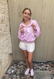 Pink French Terry with Ditsy Flower Print Semi Button Up Top by Peach Love