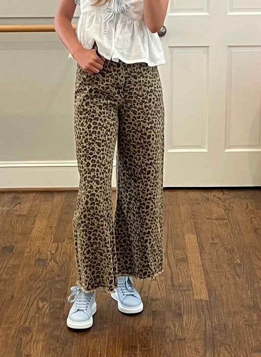 Mid Rise Leopard Twill Denim Frayed Hem Wide Leg Pant by So Me