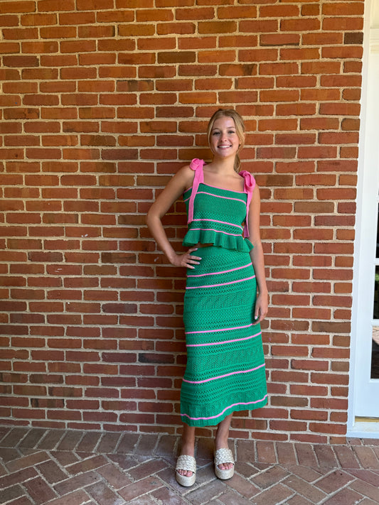 GREEN SWEATER MIDI SKIRT WITH CONTRASTING STRIPES by Day + Moon