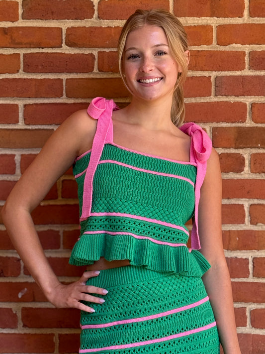 GREEN CROPPED SWEATER TANK WITH CONTRASTING STRIPES AND RUFFLE HEM by Day +Moon