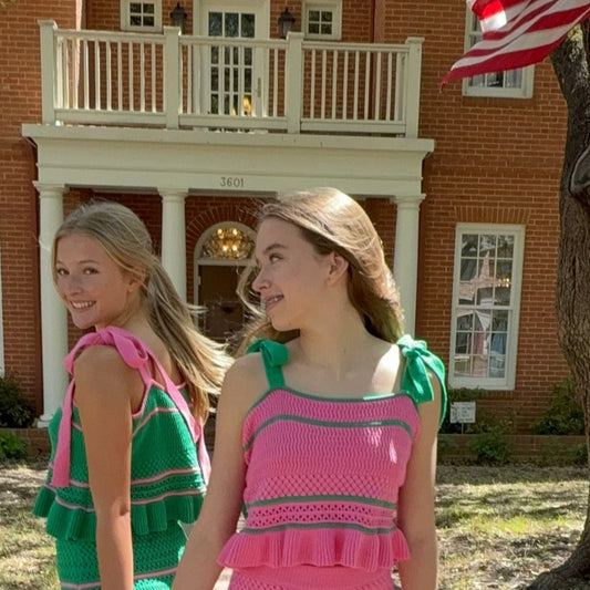 PINK CROPPED SWEATER TANK WITH CONTRASTING STRIPES AND RUFFLE HEM by Day+Moon