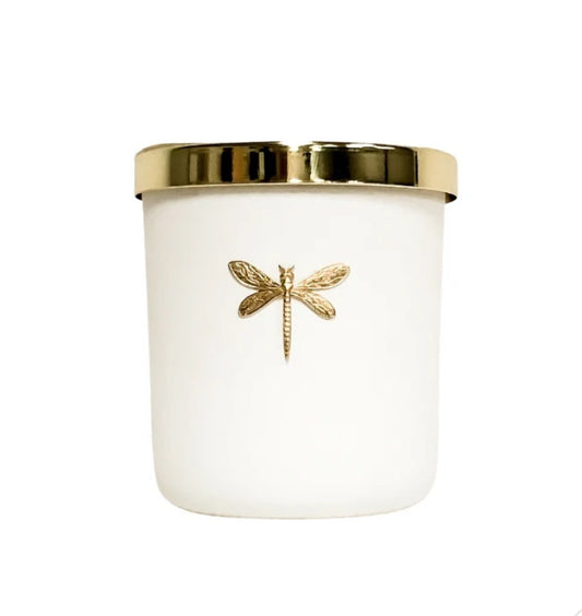DRAGONFLY-Gia White Candle. 13 oz.  Fragrance: Currant + Gerranium