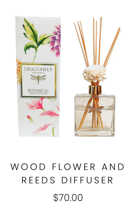 DRAGONFLY - Wood Flower and Reeds Diffuser. 5 oz.  Fragrance: Current + Geranium